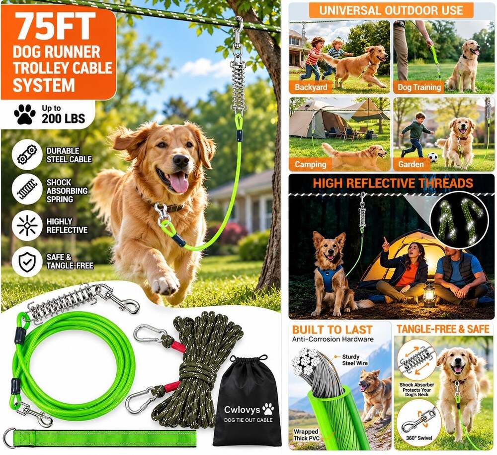 Cwlovys Dog Tie Out Cable Outdoor Tether Kit Green w/ Rope Spring & Carry Bag